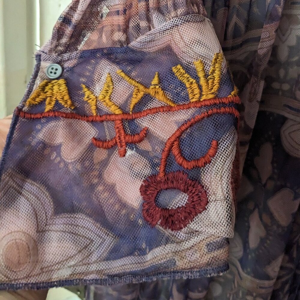 Johnny Was Sheer Boho Maxi Dress in Purple with Red and Gold Accents - Picture 8 of 15